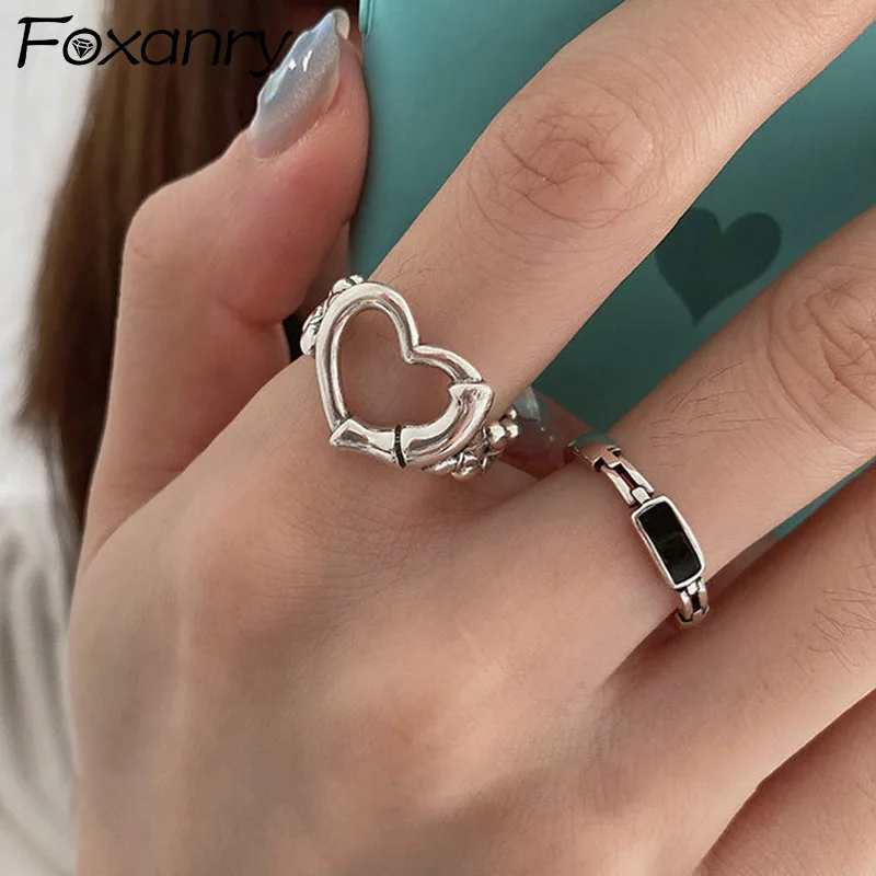 Evimi 925 Standard Silver Finger Rings for Women Couples New Fashion Creative Hollow LOVE Heart Chain Geometric Bride Jewelry