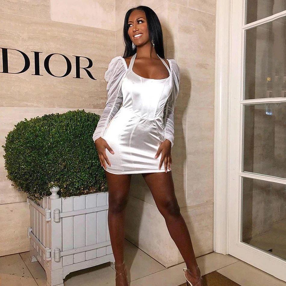 

High Quality Women'S Spring 2021 Sexy Square Neck Puff Sleeve Mesh Patchwork Dress Bodycon Celebrity Club Party Dress Vestidos