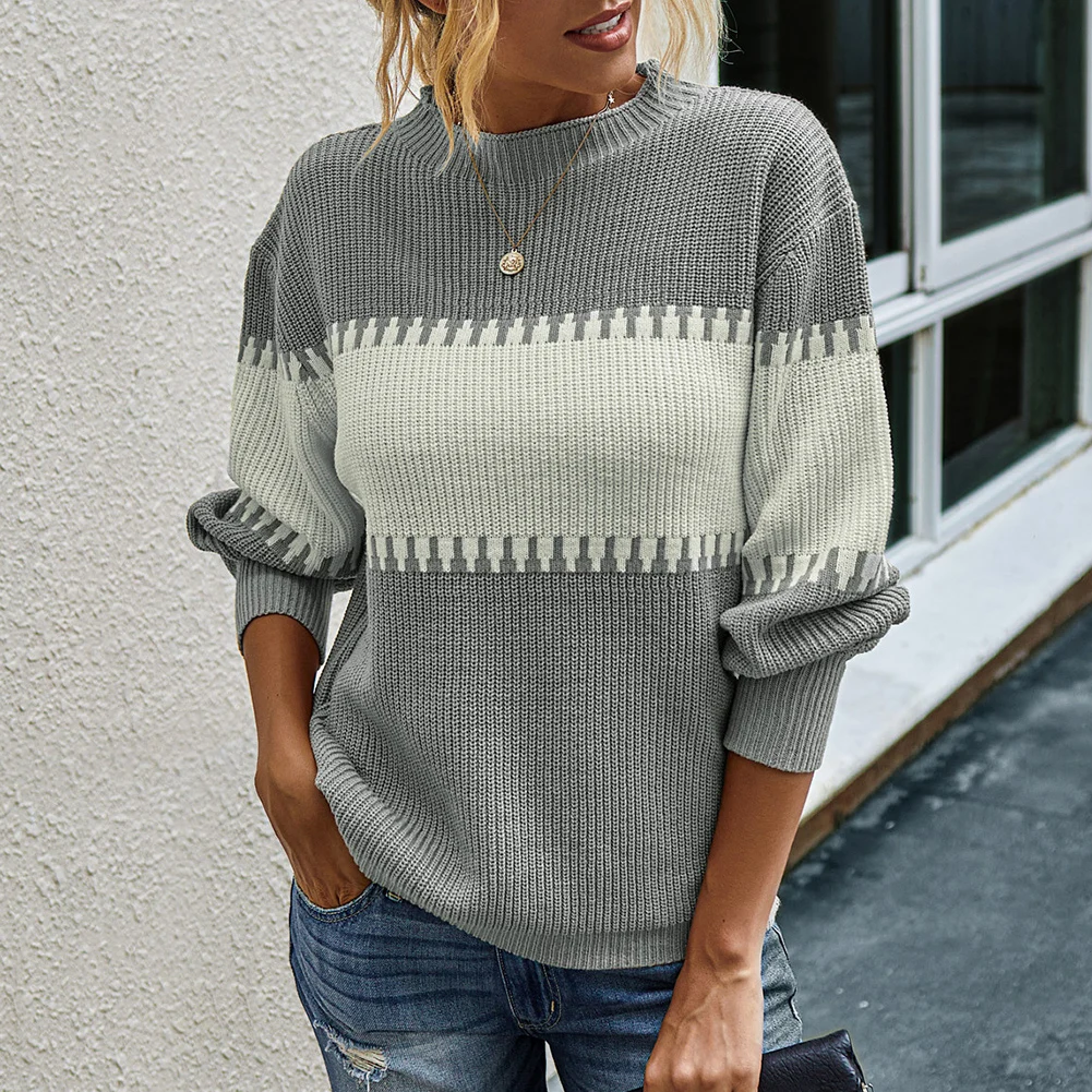 Women Autumn Winter-Jumper Pullover Color Block Long Puff Sleeve Knitted Sweater Patchwork femal winter outdoor sport streetwear | Женская