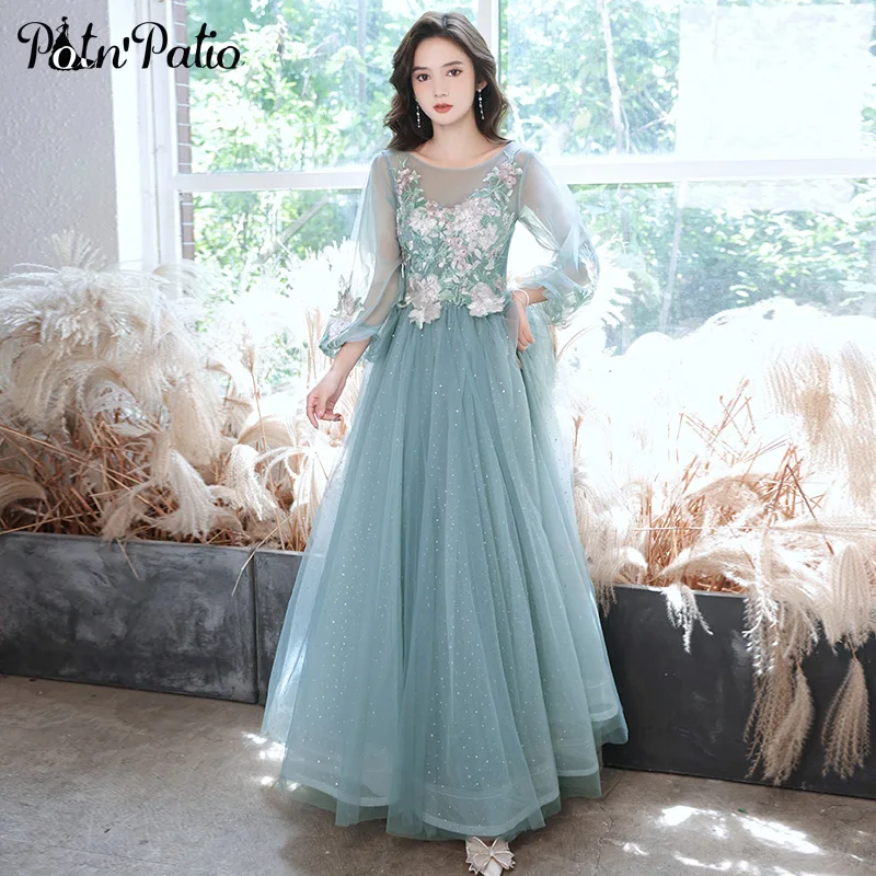 

Fancy Green Evening Dresses 2021 Elegant O-Neck A-line Floor-Length Appliques Tulle Long Women Formal Gowns With Sleeves