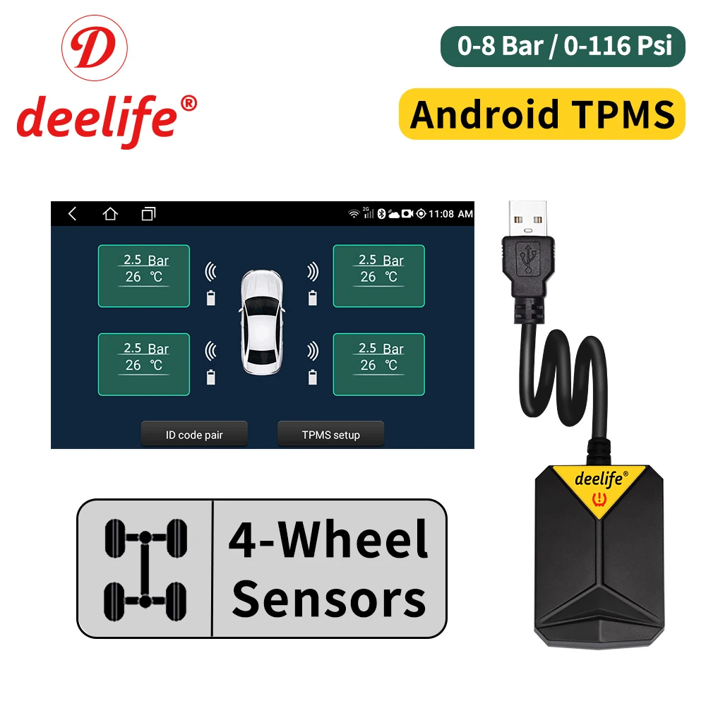Deelife Android TPMS for Car Radio DVD Player Tire Pressure Monitoring System Spare Tyre Internal External Sensor USB TMPS