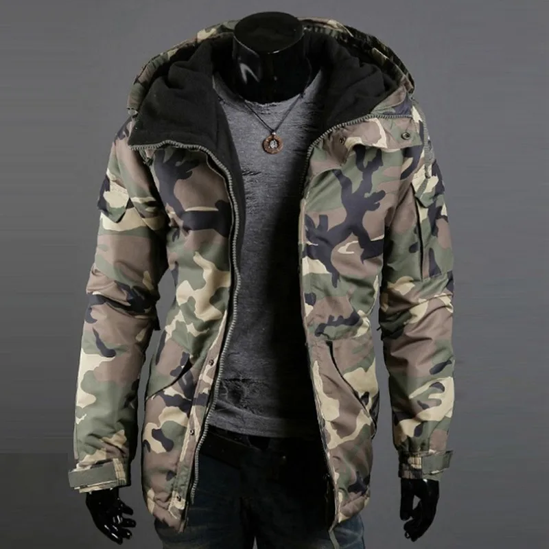 

Men Winter Thick Warm Coat Fur Windbreaker Jacket Autumn Winter Warm Men Camouflage Print Pocket Jacket Zipper Long Sleeve Coat