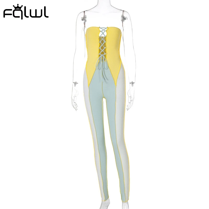 

FQLWL Pink Patchwork Bodycon Strapless Long Jumpsuit Summer Sexy Party Hollow Out Bandage Elastic Knitted Rompers Women Jumpsuit