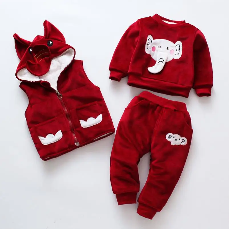 Children's suit winter clothes baby boy Velvet warm girl cartoon cute plus velvet thick hooded sweater three-piece | Детская одежда