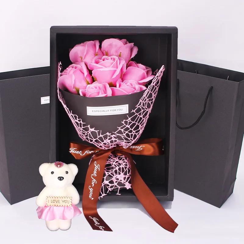 

Artificial Rose Bouquet Scented Soap Flowers With Box Bear Holding Flower Valentine's Day Birthday Gift Wedding Party Favors