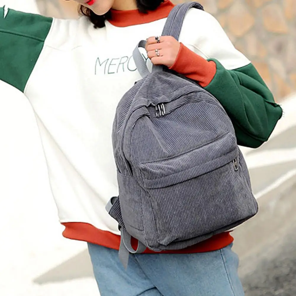 

Women Solid Color Pocket Zip Corduroy Large Capacity Student Backpack Schoolbag