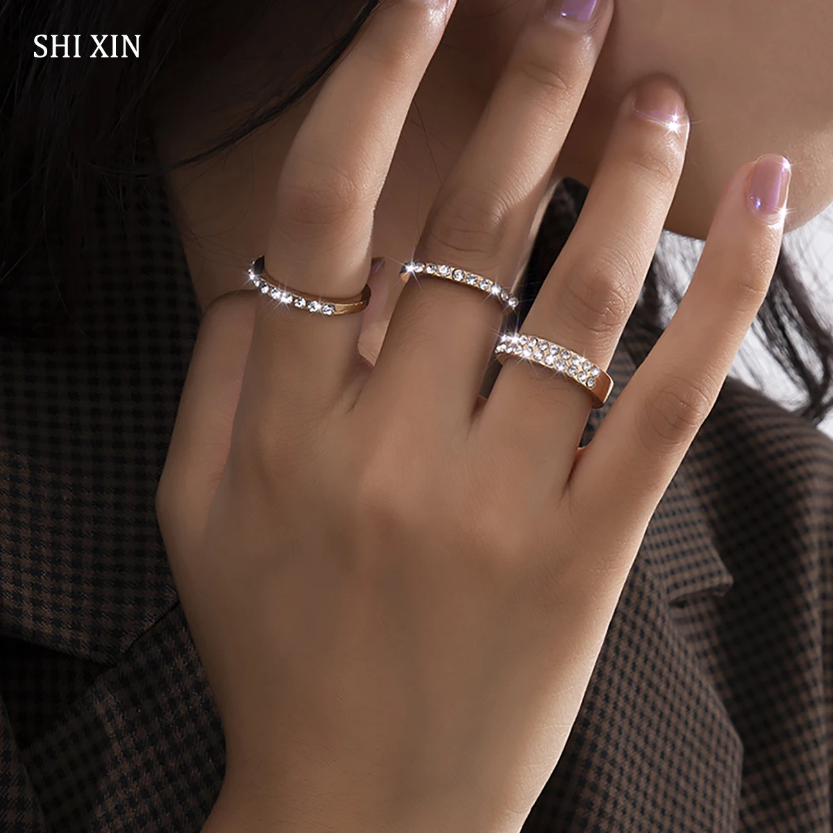 

SHIXIN Rhinestone Stackable Rings for Women Trendy Luxury Crystal Knuckle Ring Set Wedding Ladies Finger Ring Jewelry 2021 Gifts