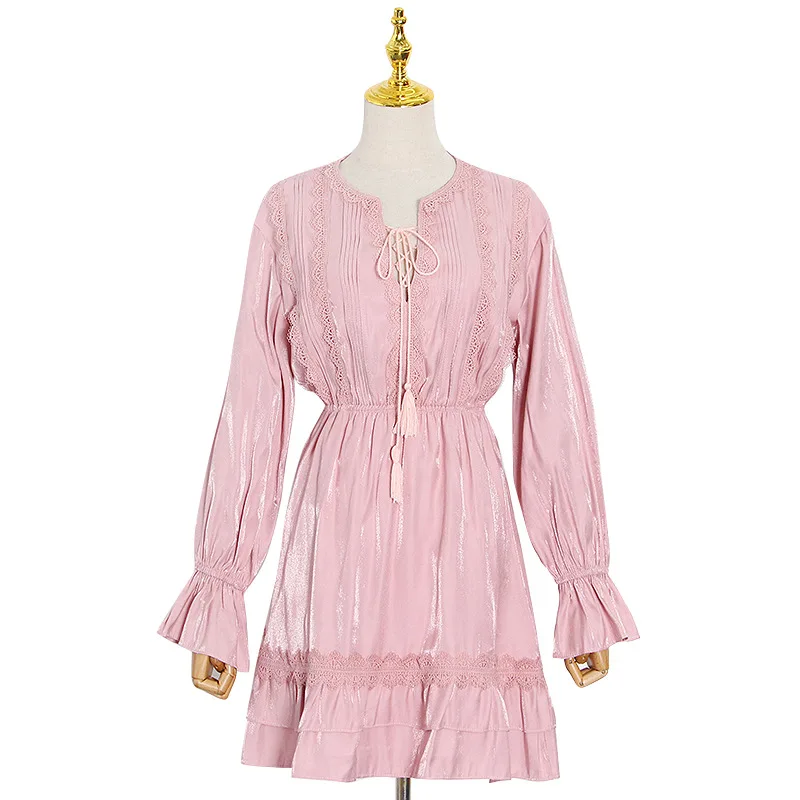 

Summer new stitching lace ruffled elegant pink lace bow short dress women
