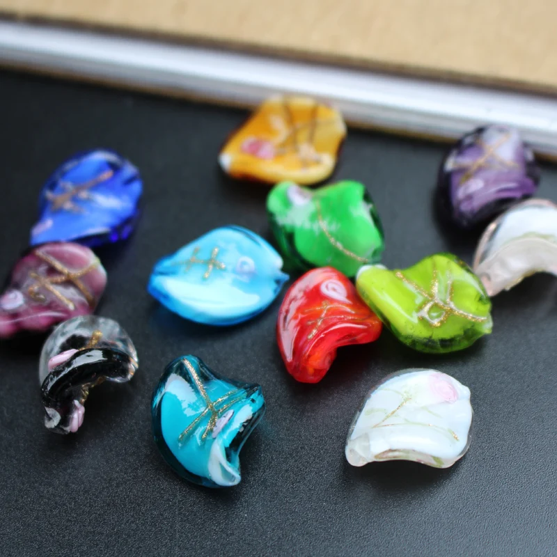 

12pcs Handmade Lampwork Glass beads Irregular Leaf Shape With Pink Flower Multi-color Charms for jewelry making DIY Accessoires