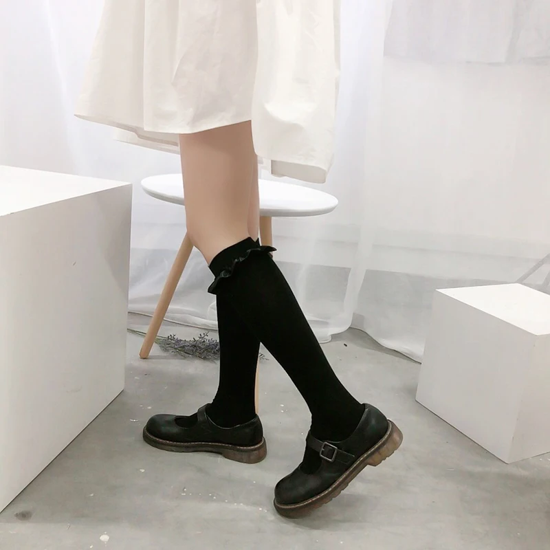 

Женские хлопковые чулки с оборками в японском стиле Лолита, корейские студенческие носки в стиле Харадзюку, высокие чулки для косплея JK, милые белые носки средней длины