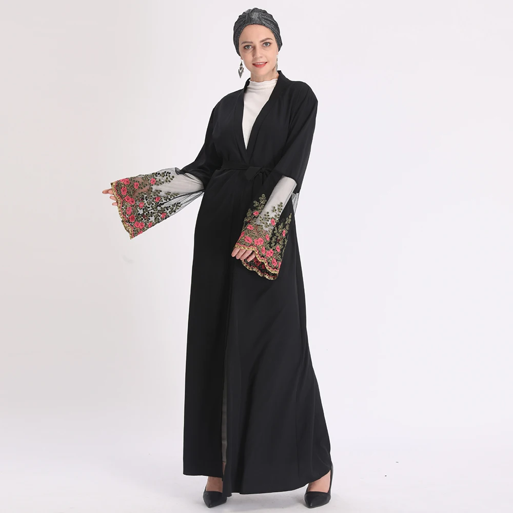 

Eid Mubarak Kimono Abaya Dubai Muslim Black Mesh Embroidery Abayas for Women Moroccan kaftan Turkey Arabic Islamic Clothing 2020