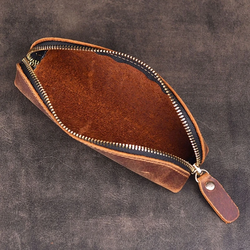 

Handmade Genuine Leather Pencil Bag Vintage Retro Style Cowhide Zipper Pen Case School Bag Office Stationery