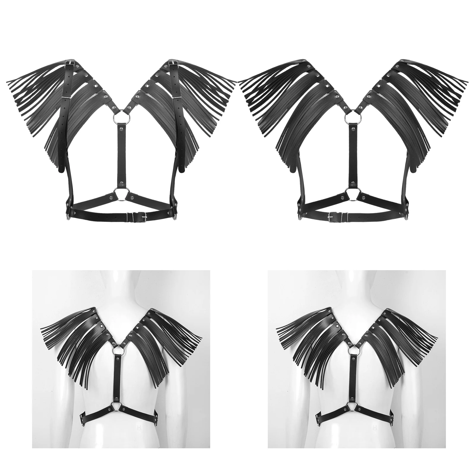 

Women Sexy Lingerie PU Leather Body Chest Harness Bondage Belt with Shoulder Tassel Y-shaped Back Nighclub Party Costumes