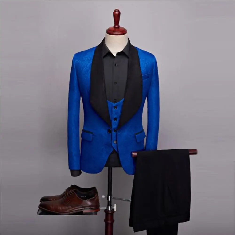 Retro Jacquard Mens Three-piece Suit Single-breasted Blazer+Vest+Trousers Suit Mens Stage Host Performance Costume