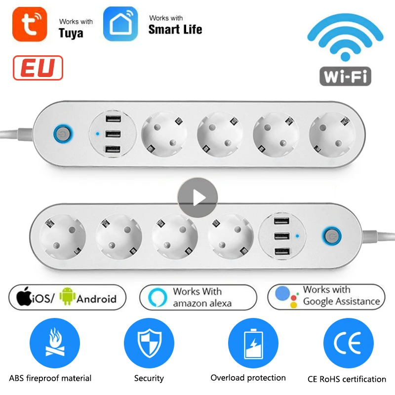 

Tuya Wifi Smart Plug Power Strip 4 EU Outlets Plug With 3 USB Charging Port Timing App Voice Control Work With Alexa Google Home