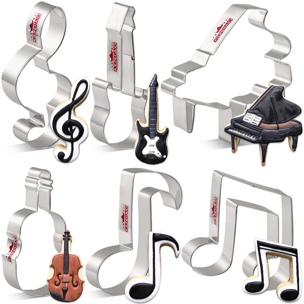KENIAO Music Cookie Cutter Set - 6 Pieces - Violin, Piano, Electric Guitar, Music Note Biscuit Fondant Molds - Stainless Steel