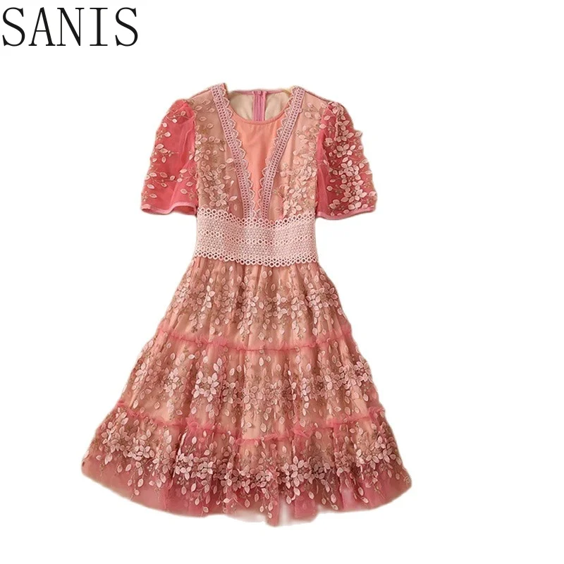 

Sanis Fashion Designer dress Summer Women's Dress O-neck Short sleeve Lace Splicing Embroidered Elegant white Mini Dress
