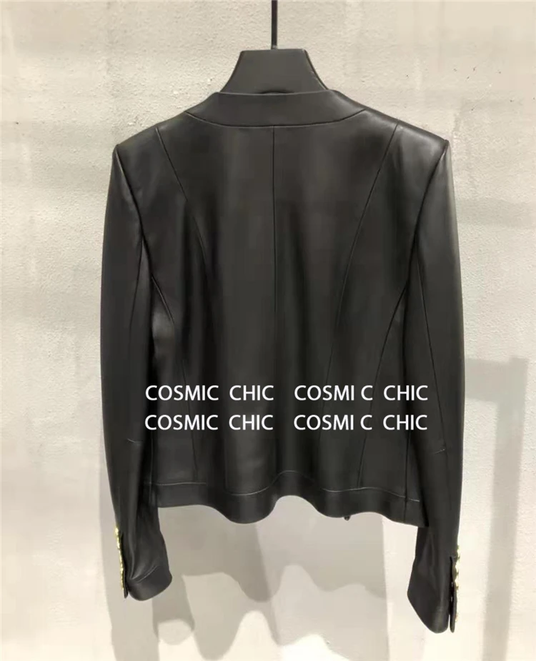 Cosmicchic Женская куртка из овечьей кожи черная Золотая кнопка-застежка куртка из натуральной кожи женская короткая куртка из овечьей кожи на пуговицах льва
