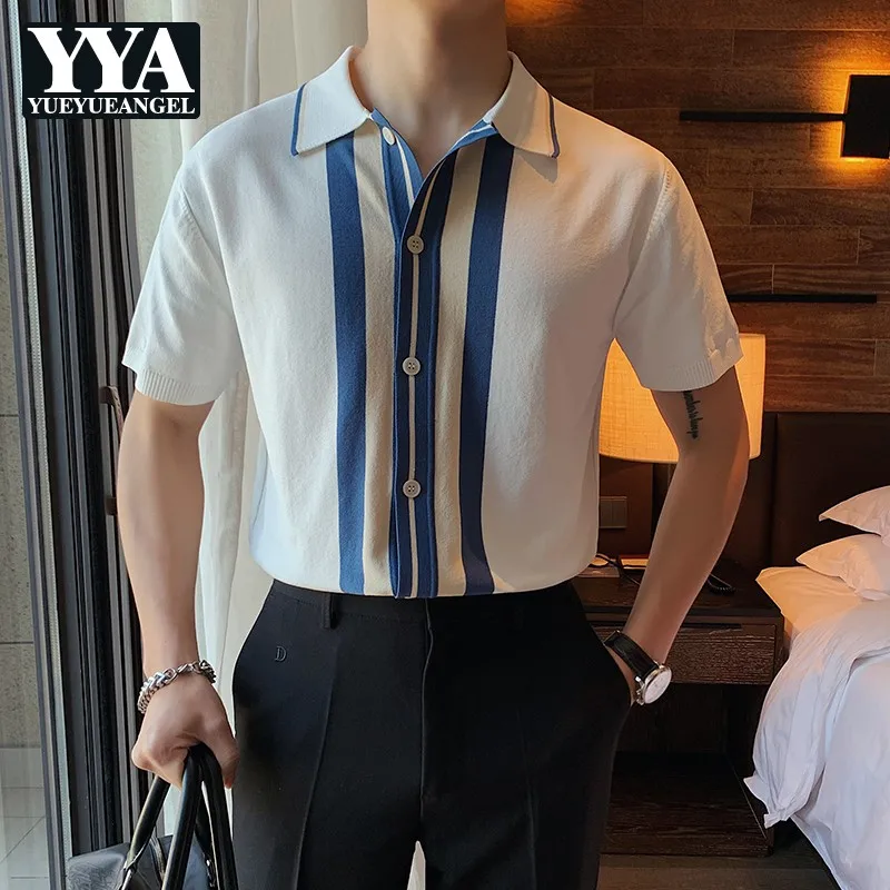 

Футболка мужская Трикотажная в полоску, приталенная Повседневная рубашка с коротким рукавом, в Корейском стиле, большие размеры 4XL, лето