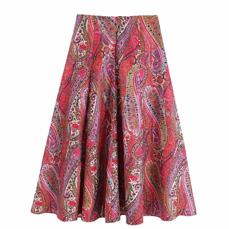 Женская винтажная юбка миди с принтом пейсли Повседневная широкая на молнии