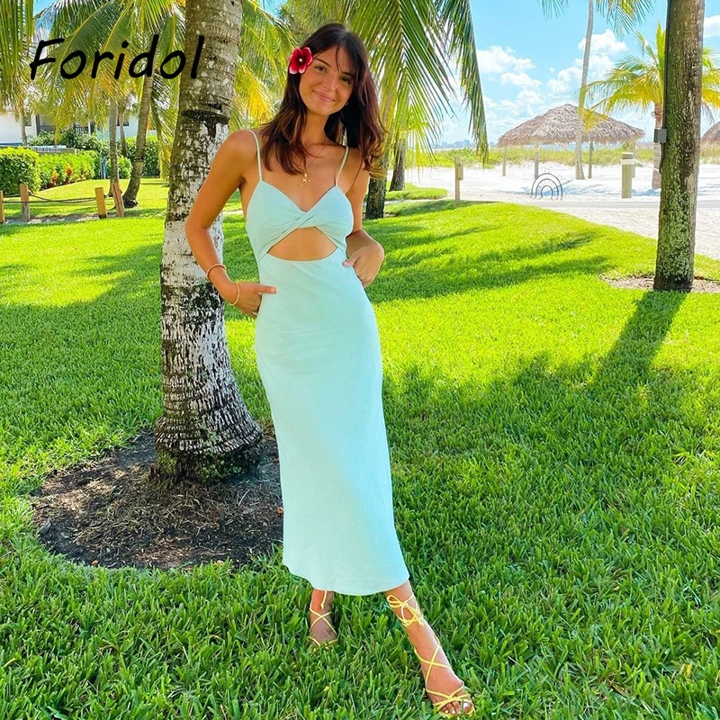 

Foridol Sexy Front Hollow Out Solid Long Summer Dress Women Sleeveless Holiday Maxi Dress Robe Spaghetti Strap Mint Orange Dress