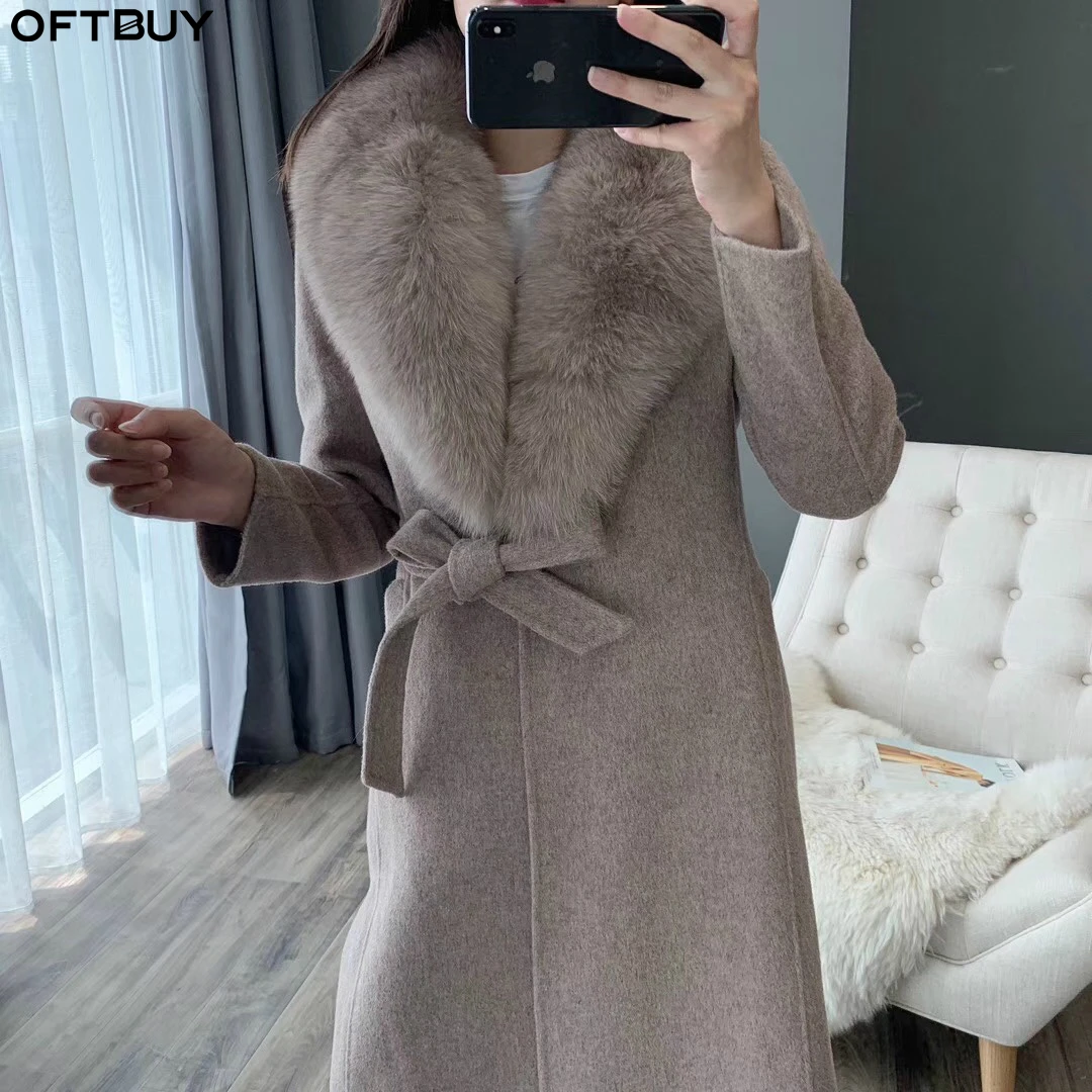 OFTBUY зимняя куртка женская шуба из натурального меха лисы воротник кашемир шерсть смесь Длинная Верхняя одежда с поясом женская уличная