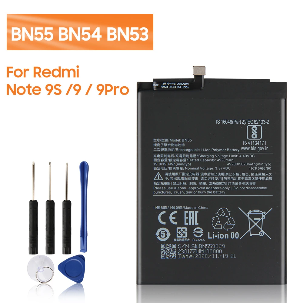 

Mi Original Phone Battery BN55 BN54 BN53 For Xiaomi Redmi Note 9S Note 9 Redmi 10X 4G NOTE 9 PRO Replacement Battery 5020mAh