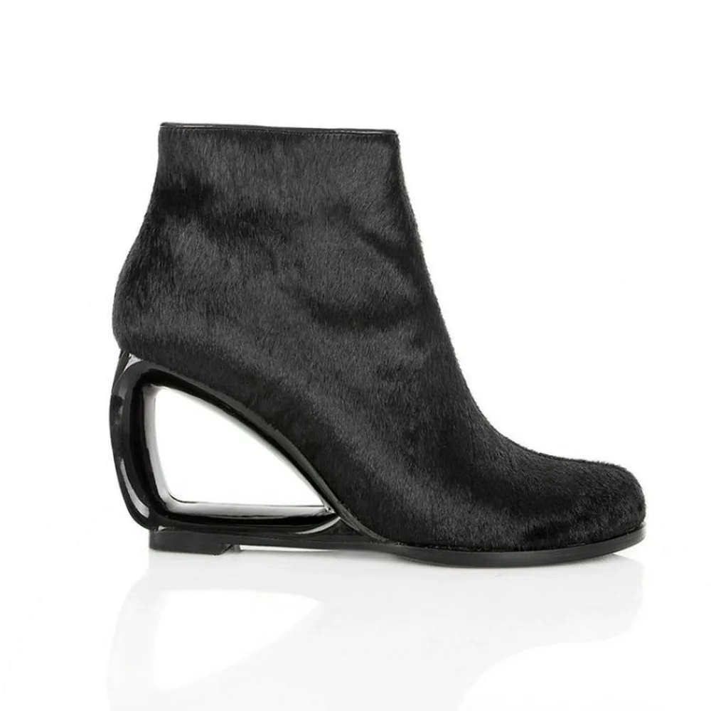 

2022 Womens Real Horsehair Fur Furry Ankle Boots Strange Fretwork High Heel Shoes Luxury Fashion Black New 2022