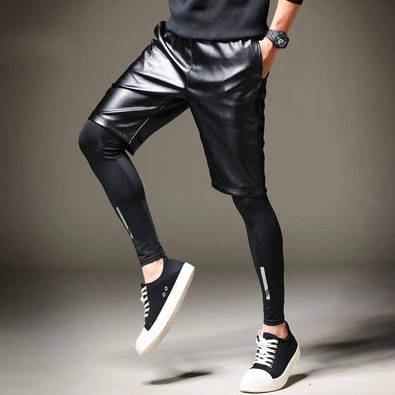 

Summer New Mens Knee Length Pu Leather Shorts Elastic Waist Hip Hop Harem Pants Korean Casual Streetwear Biker Leather Shorts