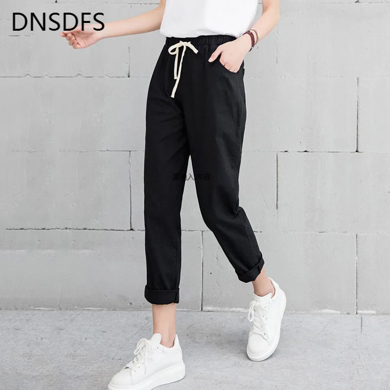 

New Women Casual Harajuku Spring Autumn Big Size Long Trousers Solid Elastic Waist Cotton Linen Pants Ankle Length Haren Pants