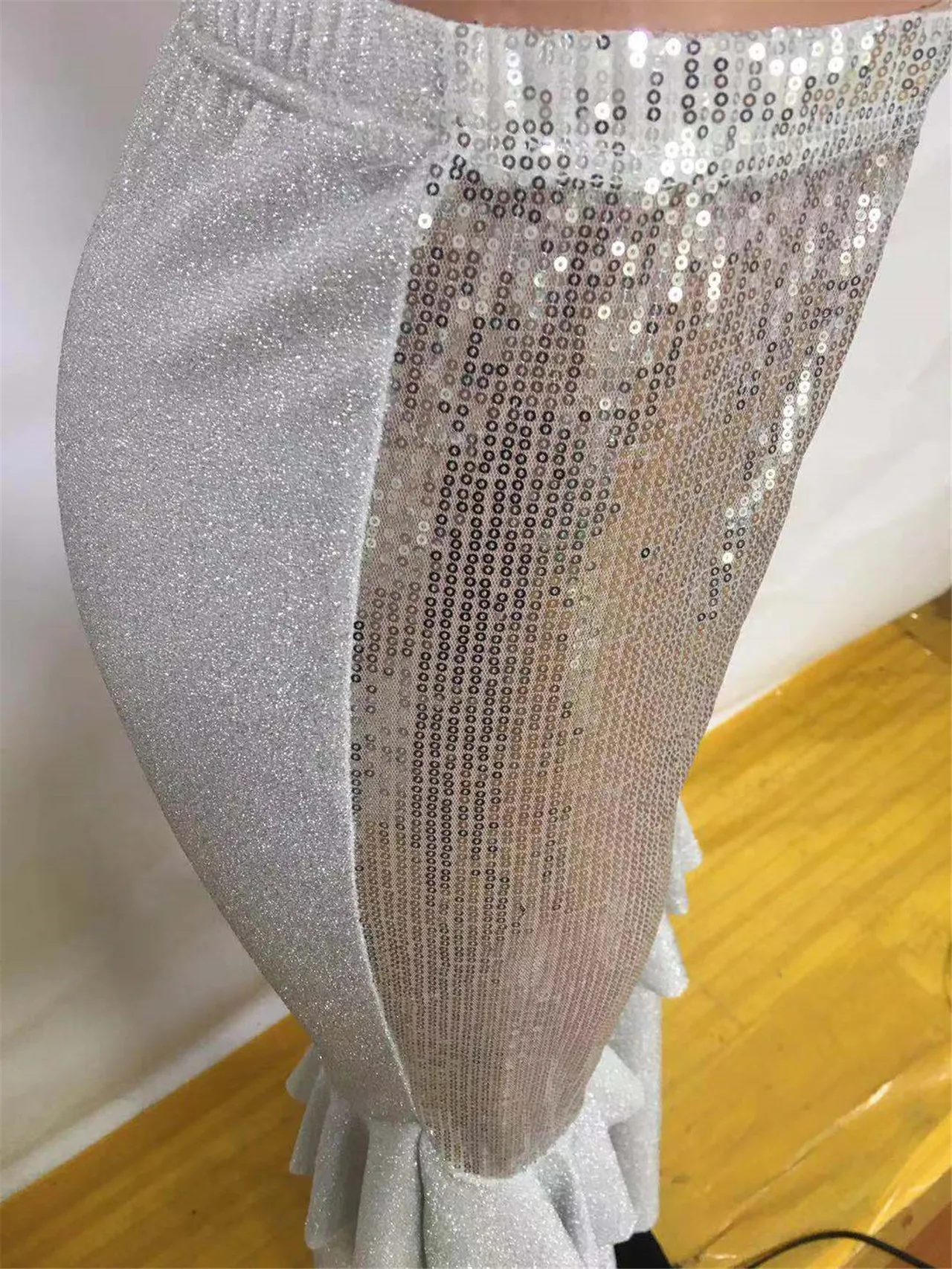 

Winter women sexy club high waist Flare pants Joggers Sequined Ruffles active wear elegant Street Night long trousers