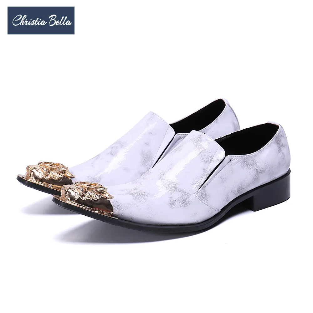 

Christia Bella Fashion Printing Men Formal Leather Shoes Metal Pointed Toe Dress Shoes Male Wedding Business Brogue Shoes White