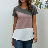 summer casual t shirt women harajuku contrast color patchwork v neck plus size short sleeve tee shirt female loose tops