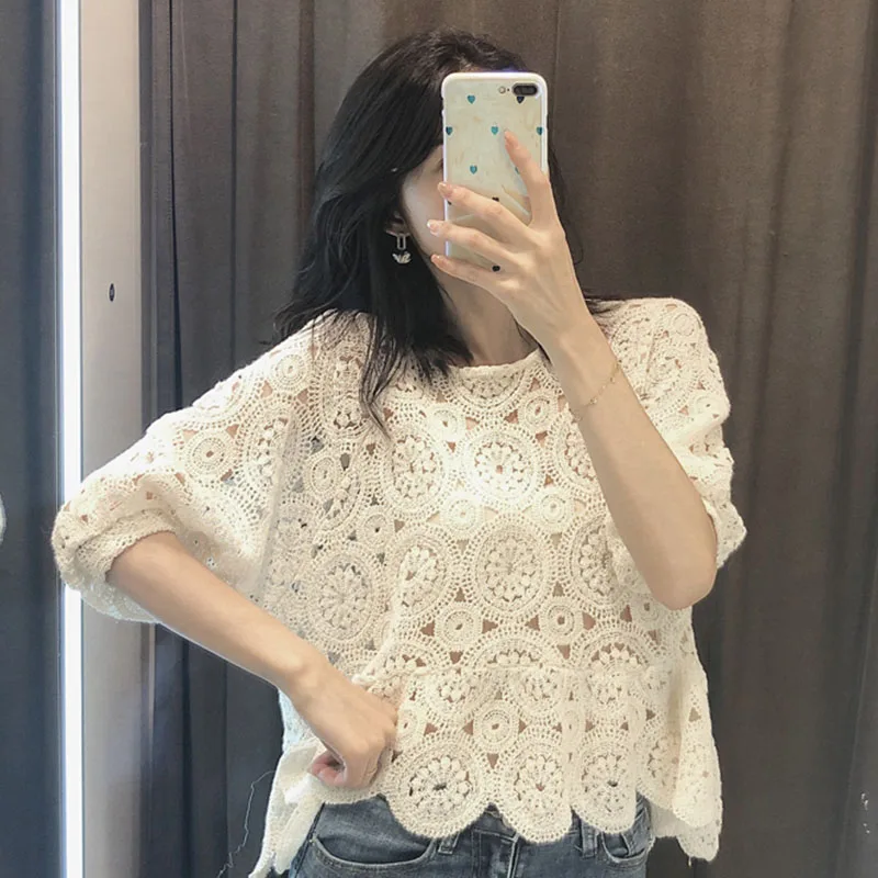 SESOAF Women Chic Lace Shirt Vintage Casual Floral Crochet Blouse Crop Fashion Elegant Hollow Out ladies tops Summer tunic | Женская