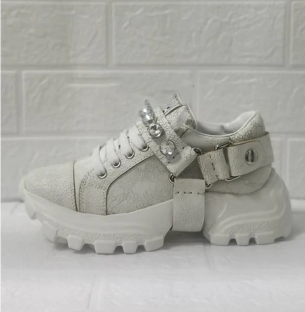 

Crystal Buckle Lace Up Leather Crack Casual Woman Sports Shoes Thick-soled Height Increase Luxury Designer White Sneakers 2021
