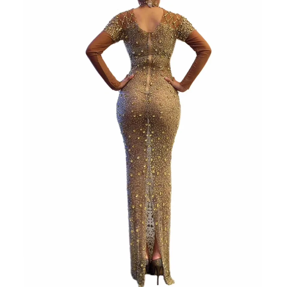 

Female Luxury Rhinestone Slim Long Dress Women's Golden Mesh Perspective Prom Banquet Skinny Dress Nightclub Singer Clothing