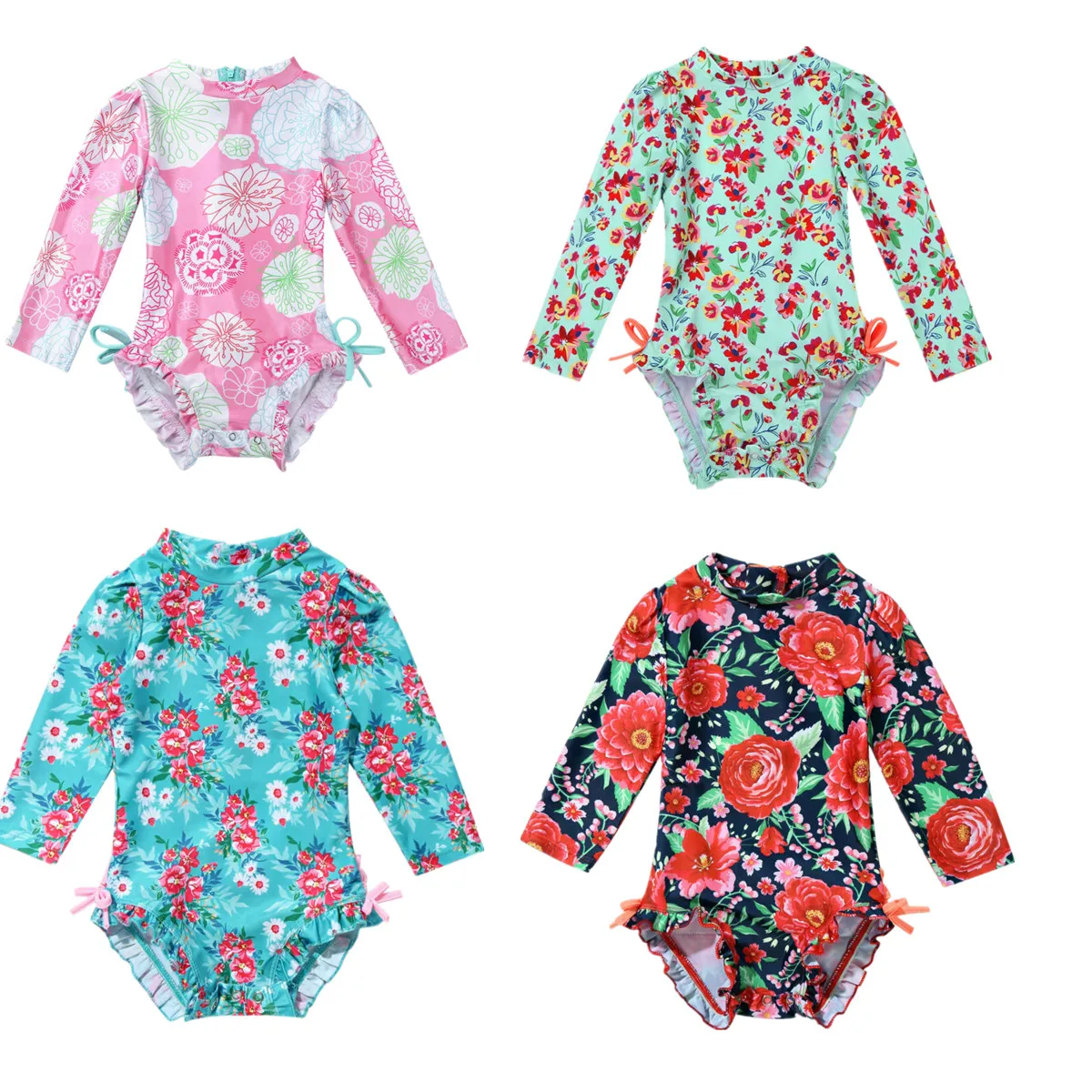 Летний детский купальник для девочек из Бразилии с одним рукавом в виде цветочного принта и воланами.