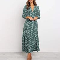 2021 new ladies spring summer print v neck casual single breasted greenhigh waist chiffon women large swing dress female