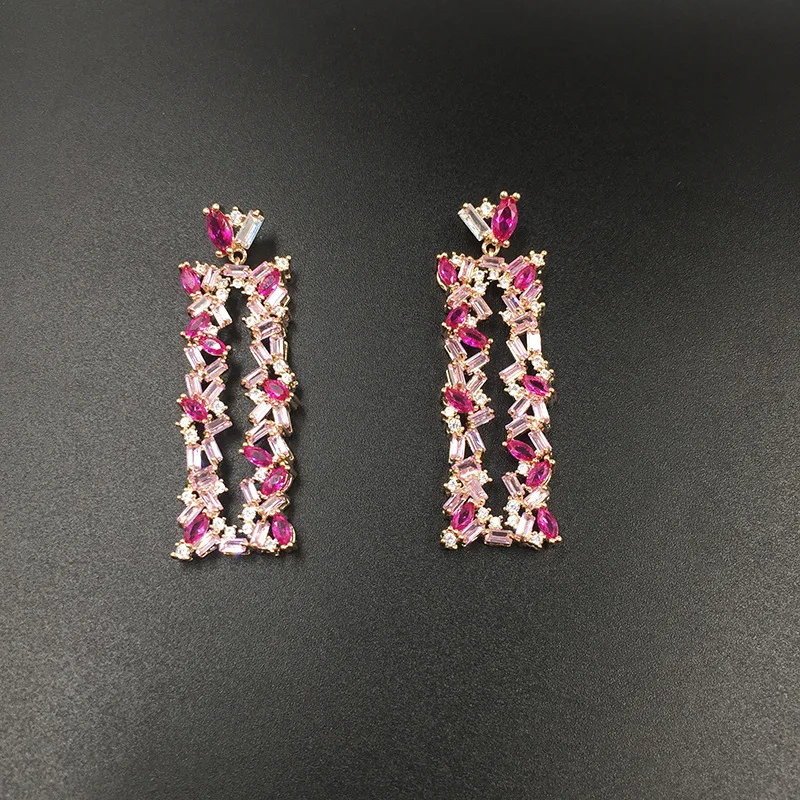 FXLRY белые/розовые фианиты индивидуальные прямоугольные геометрические серьги