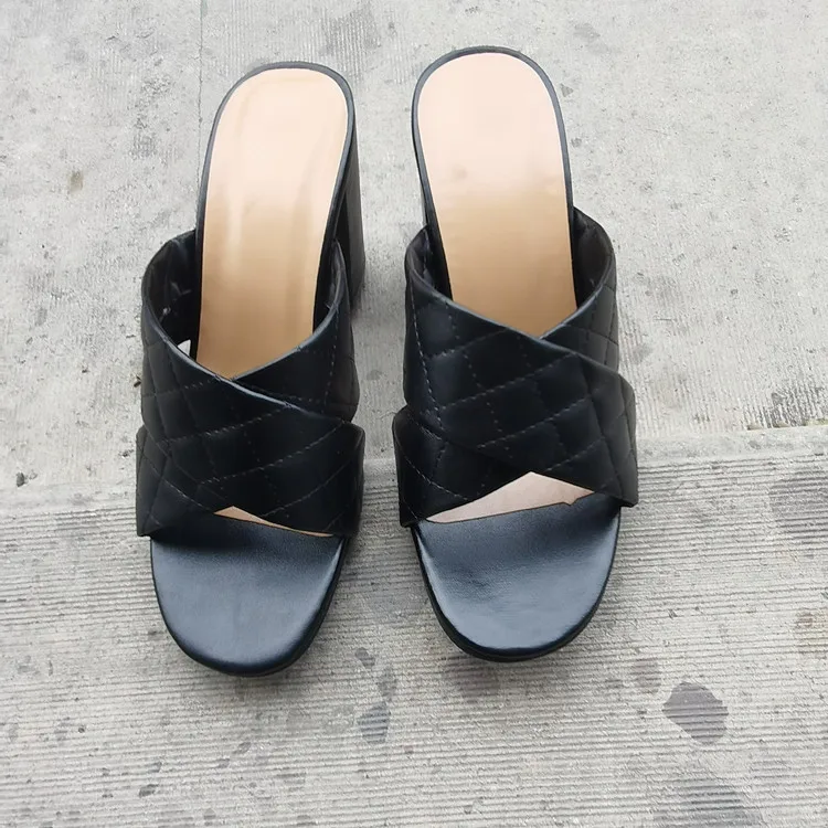 

Slippers Women Summer Shoes Heeled Mules Pantofle Low Square heel Peep Toe Slides High 2021 Block Fabric Rubber Rome Basic PU