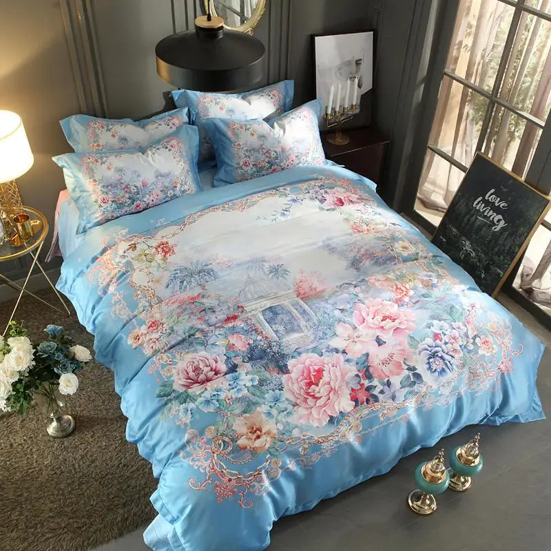 Комплект постельного белья голубого цвета жаккардовый с 3D рисунком размеры King size