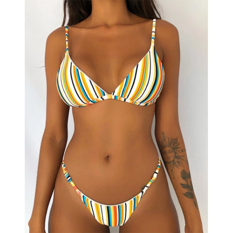 

Sexy Print Striped Thong Bikinis Push Up Swimsuit Women 2021 Bathing Suit Triangle Bikini Brazilian Swimwear Women Floral Beach