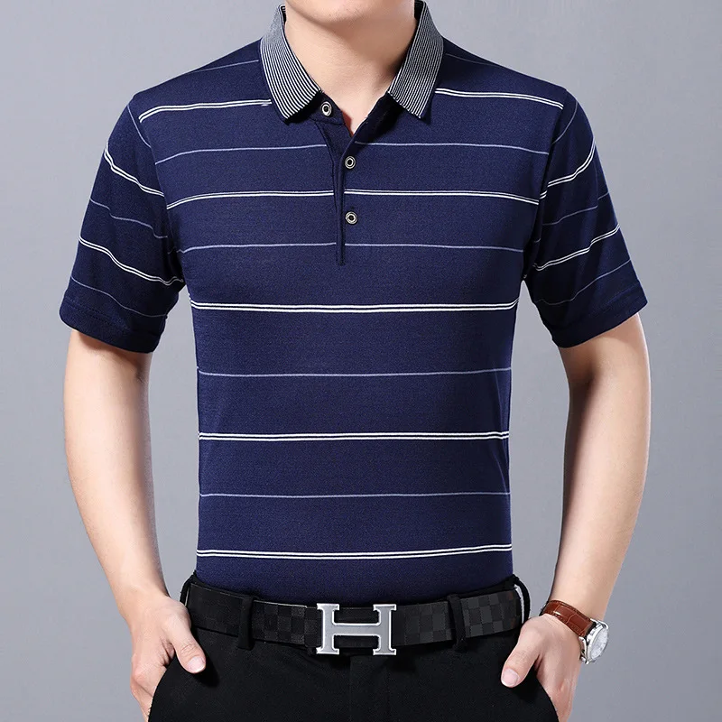 

summer thin polo shirt short-sleeved POLO shirt men's middle-aged striped lapel silk cotton POLO shirt on the clothes