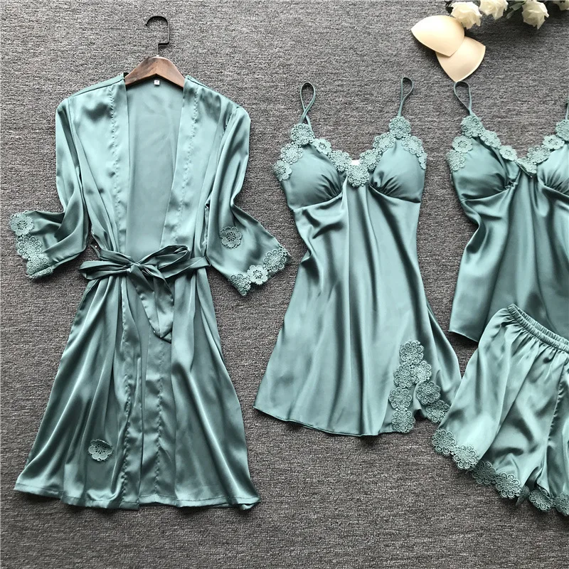 4 Pcs Women Kimono Bathrobe Gown Sleepwear Set Silk Satin Short Dressing Gowns Lace Sexy Robe Nightdress With Chest Pad Pajamas