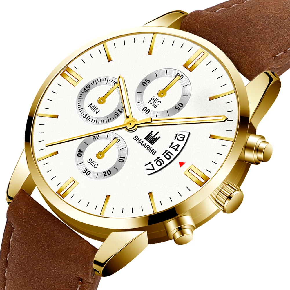 Мужские кожаные часы новая мода чехол из нержавеющей стали календарь кварцевые