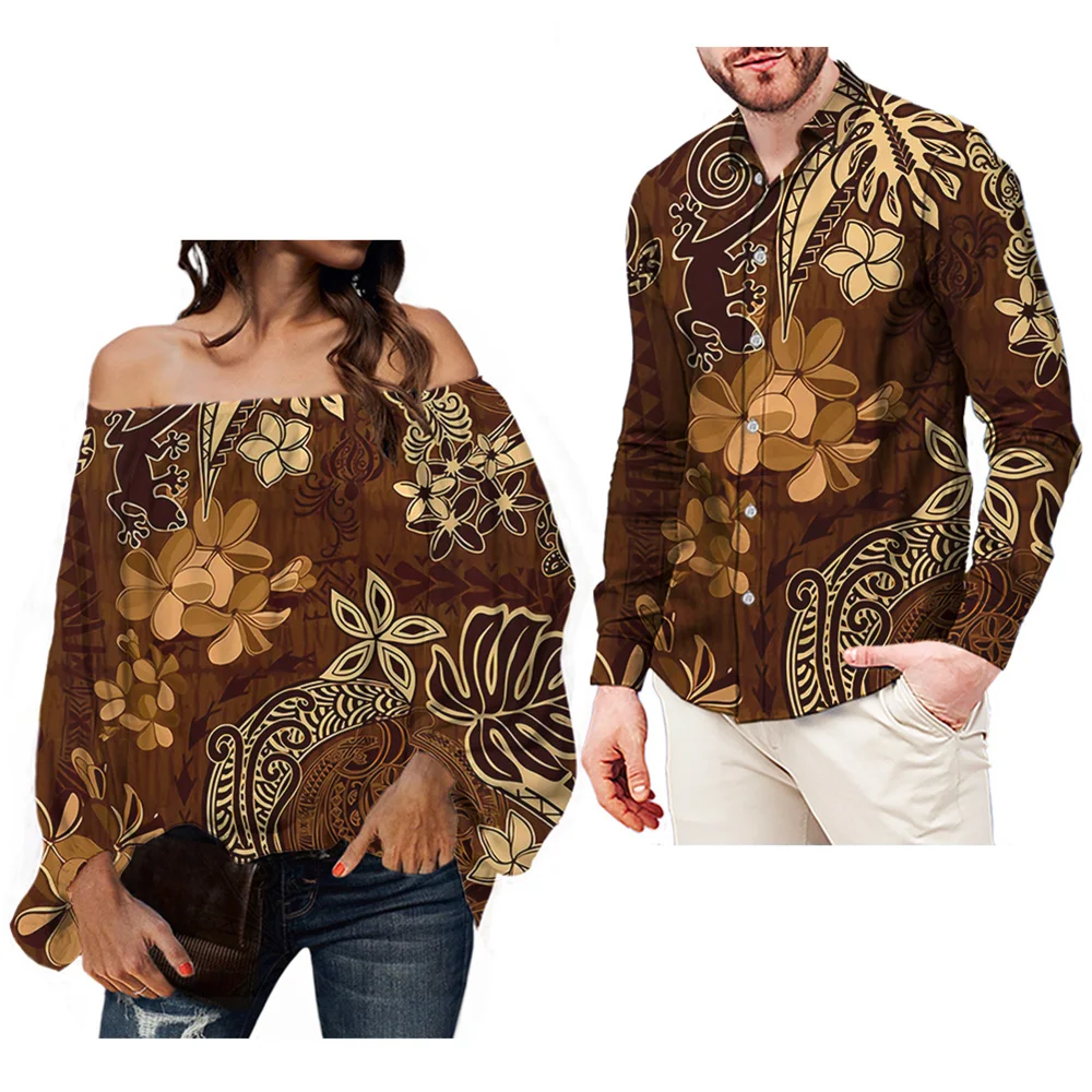 

2 Piece Couples Outfits Women's Off Shoulder Top Blouse Vintage Tapa Brown Hawaiian Samoan Tribal Match Man's Long Sleeve Shirts