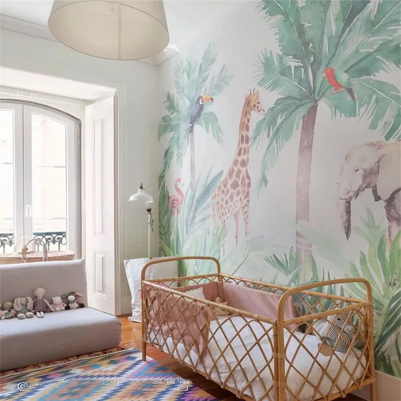 Мультяшные обои с тропическими растениями жирафом слоном животными фон для