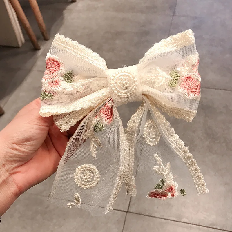

Ins Rose Embroidery super large bow hairpin super fairy lace hairpin net red back of head clip girl headdress