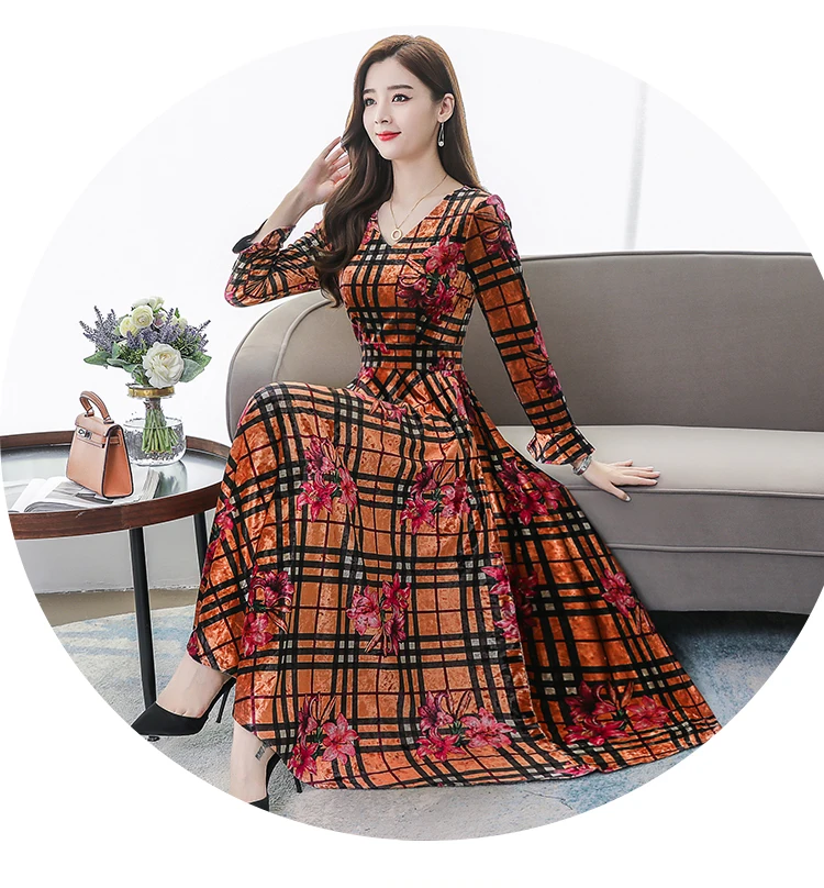 Vintage Floral Velvet Maxi Dresses Autumn Winter 3XL Plus Size Long Sleeve Midi Dress Elegant Women Bodycon Party Vestidos