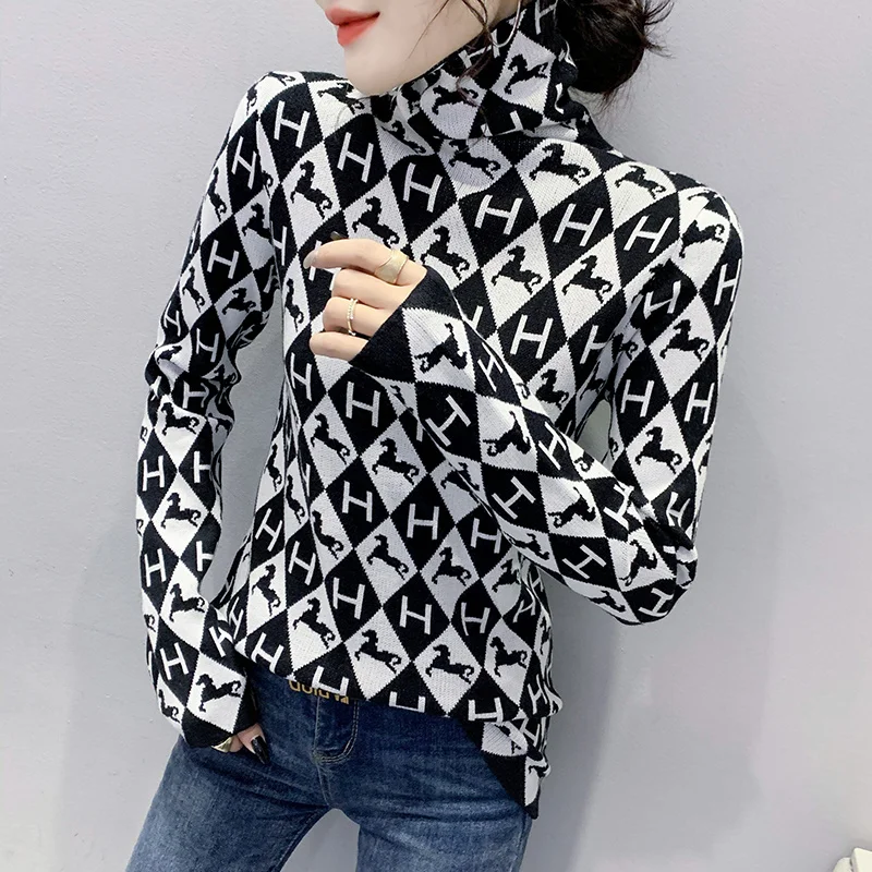 

#9325 весенне-осенние свитера с воротником-хомутом, Женский облегающий тянущийся базовый вязаный свитер, Женский пуловер черно-белого цвета с...